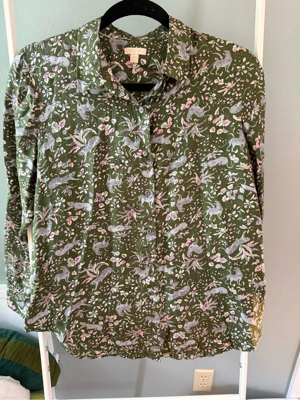 J. Crew Collection Silk Twill Jungle Cat Print Button Down size 10